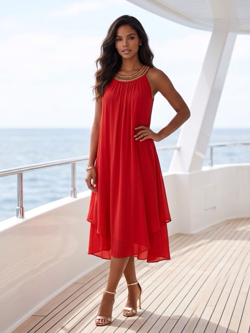 Luxology Red Beaded-Neck Midi Dress